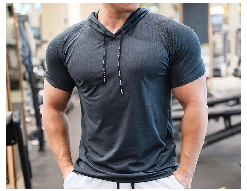 Men Running Hoodies Bodybuilding Sport Hooded Short Sleeve Gyms Fitness Clothing Muscle Shirt Quick Drying Training T-Shirt
