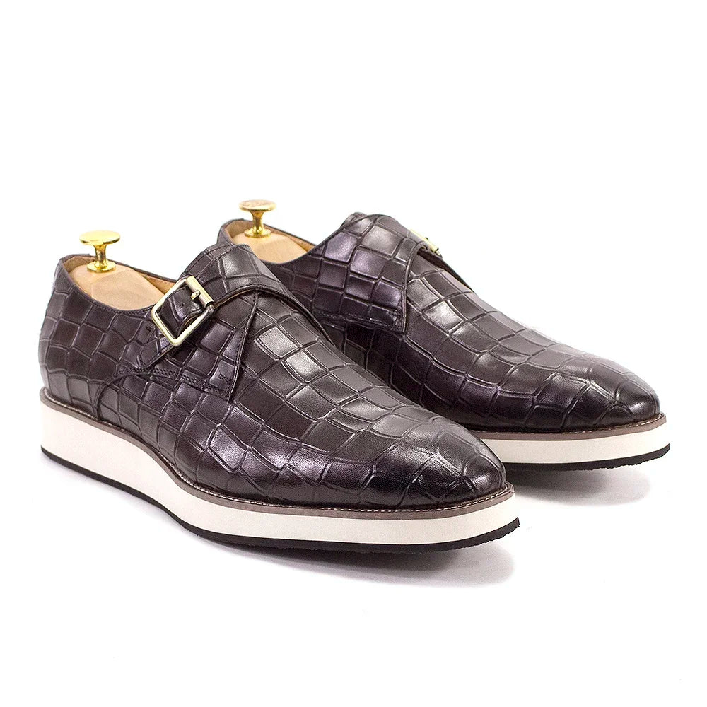 Men's Leather Casual Shoes Crocodile Pattern Luxury Brand Handmade Single Buckle Monk Strap Sneakers Flat Dress Shoes for Men