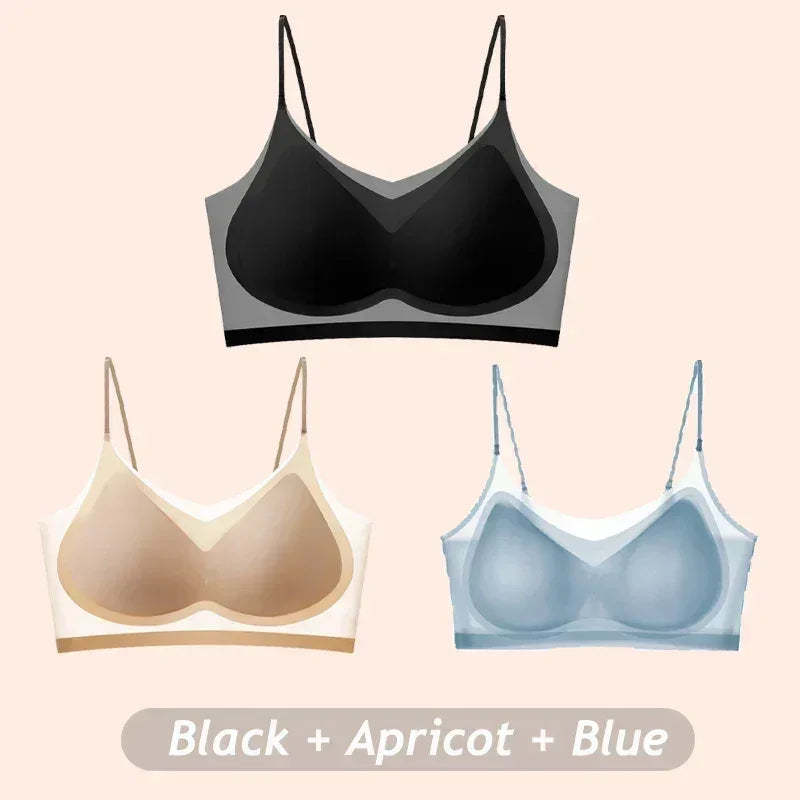 Lot de 3 soutiens-gorge en soie glacée ultra-minces et respirants pour femmes, sous-vêtements bustier sans couture, dos nu, gilet enveloppant, soutiens-gorge sans fil de couleur unie