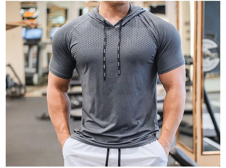 Men Running Hoodies Bodybuilding Sport Hooded Short Sleeve Gyms Fitness Clothing Muscle Shirt Quick Drying Training T-Shirt