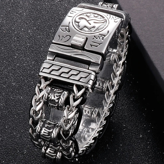 Religious Man Bracelet Stainless Steel 22MM Width Buddhist Scriptures Link Men's Bracelets Leather Wristband On Hand Jewelry