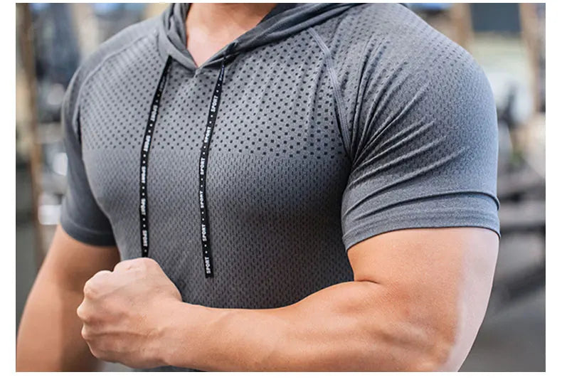 Men Running Hoodies Bodybuilding Sport Hooded Short Sleeve Gyms Fitness Clothing Muscle Shirt Quick Drying Training T-Shirt