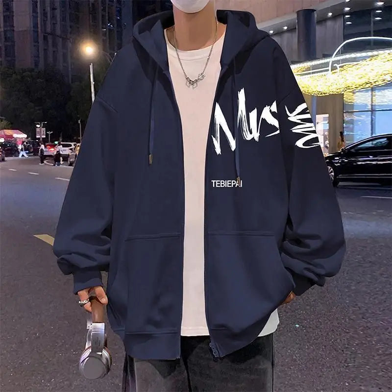 Oversized Zipper Printed Hoodies for Men Loose Casual Fashion Hooded Jacket Solid Color Fashion Sweatshirts Men's Clothing