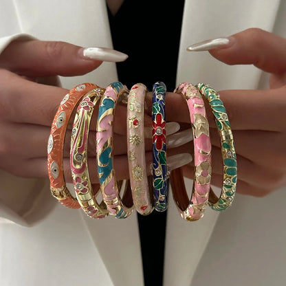 Elegant Enamel Dropped Glaze Flower Texture Bracelet For Women Retro Gold Plated Evil Eye Floral Zircon Bangle Party Jewelry