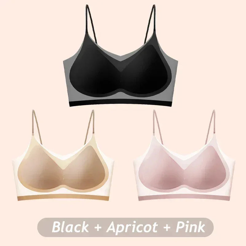 Lot de 3 soutiens-gorge en soie glacée ultra-minces et respirants pour femmes, sous-vêtements bustier sans couture, dos nu, gilet enveloppant, soutiens-gorge sans fil de couleur unie