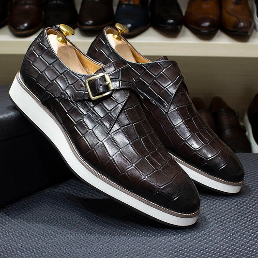 Men's Leather Casual Shoes Crocodile Pattern Luxury Brand Handmade Single Buckle Monk Strap Sneakers Flat Dress Shoes for Men