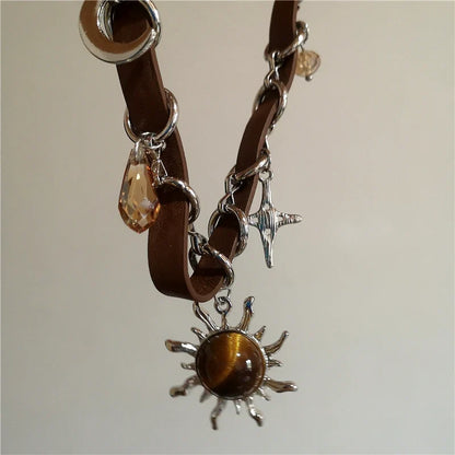 Vintage Leather Brown Stone Sun Pendant Beaded Choker Clavicle Chain Necklace For Women Unique Y2K Personalized Grunge Jewelry