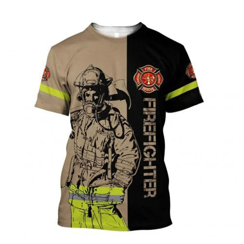 New Summer 3D Firefighter Fireman Print T Shirt Kid Fashion Streetwear Short Sleeves Harajuku Clothing Gym T-shirts For Men Tees