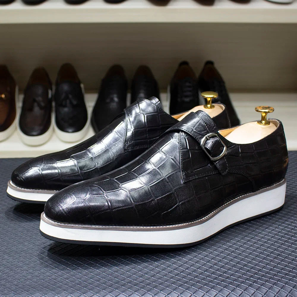 Men's Leather Casual Shoes Crocodile Pattern Luxury Brand Handmade Single Buckle Monk Strap Sneakers Flat Dress Shoes for Men