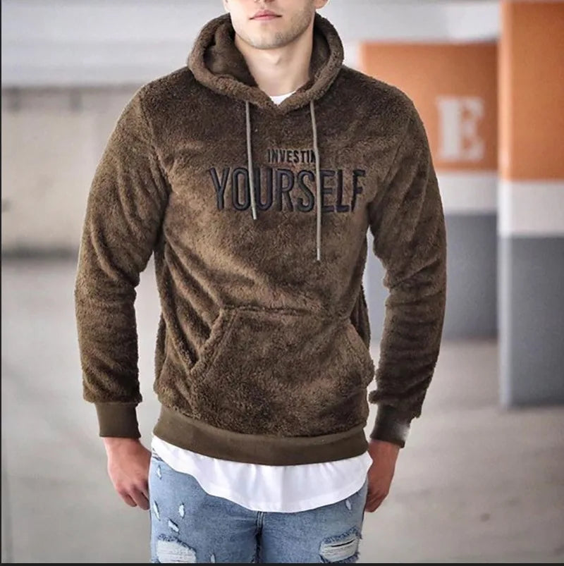 Midweight Fleece Hoodie Autumn Winter Loose Cozy Fuzzy Long Sleeve Pullover Hooded Sweatshirt for Men with Pocket Outwear