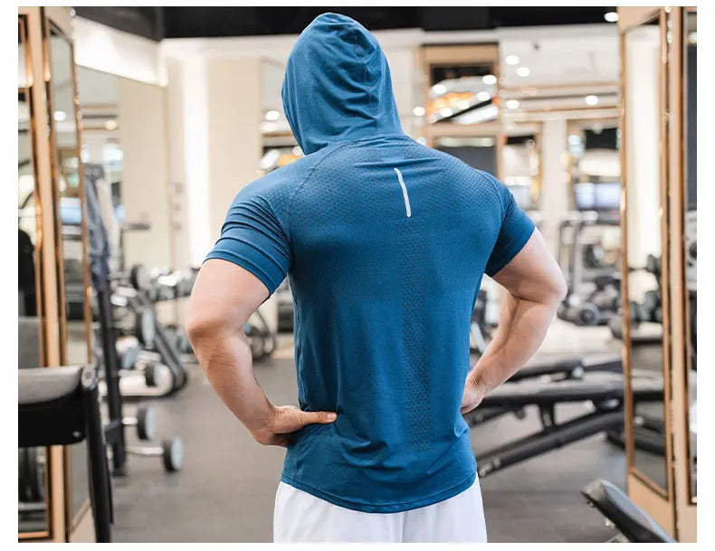 Men Running Hoodies Bodybuilding Sport Hooded Short Sleeve Gyms Fitness Clothing Muscle Shirt Quick Drying Training T-Shirt
