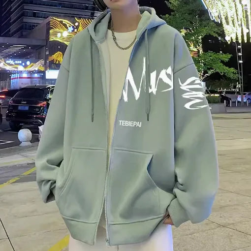 Oversized Zipper Printed Hoodies for Men Loose Casual Fashion Hooded Jacket Solid Color Fashion Sweatshirts Men's Clothing