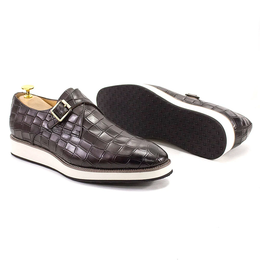 Men's Leather Casual Shoes Crocodile Pattern Luxury Brand Handmade Single Buckle Monk Strap Sneakers Flat Dress Shoes for Men