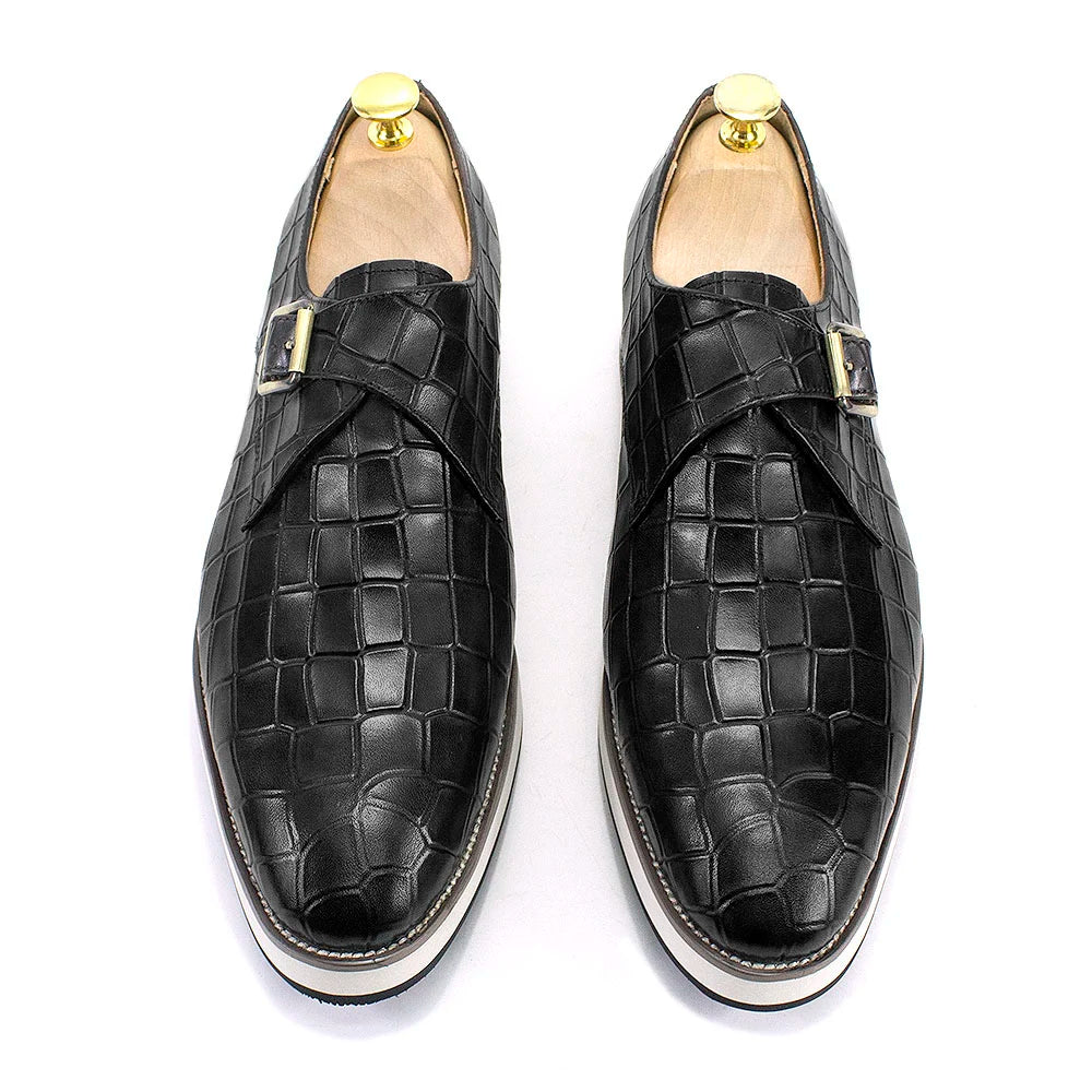 Men's Leather Casual Shoes Crocodile Pattern Luxury Brand Handmade Single Buckle Monk Strap Sneakers Flat Dress Shoes for Men