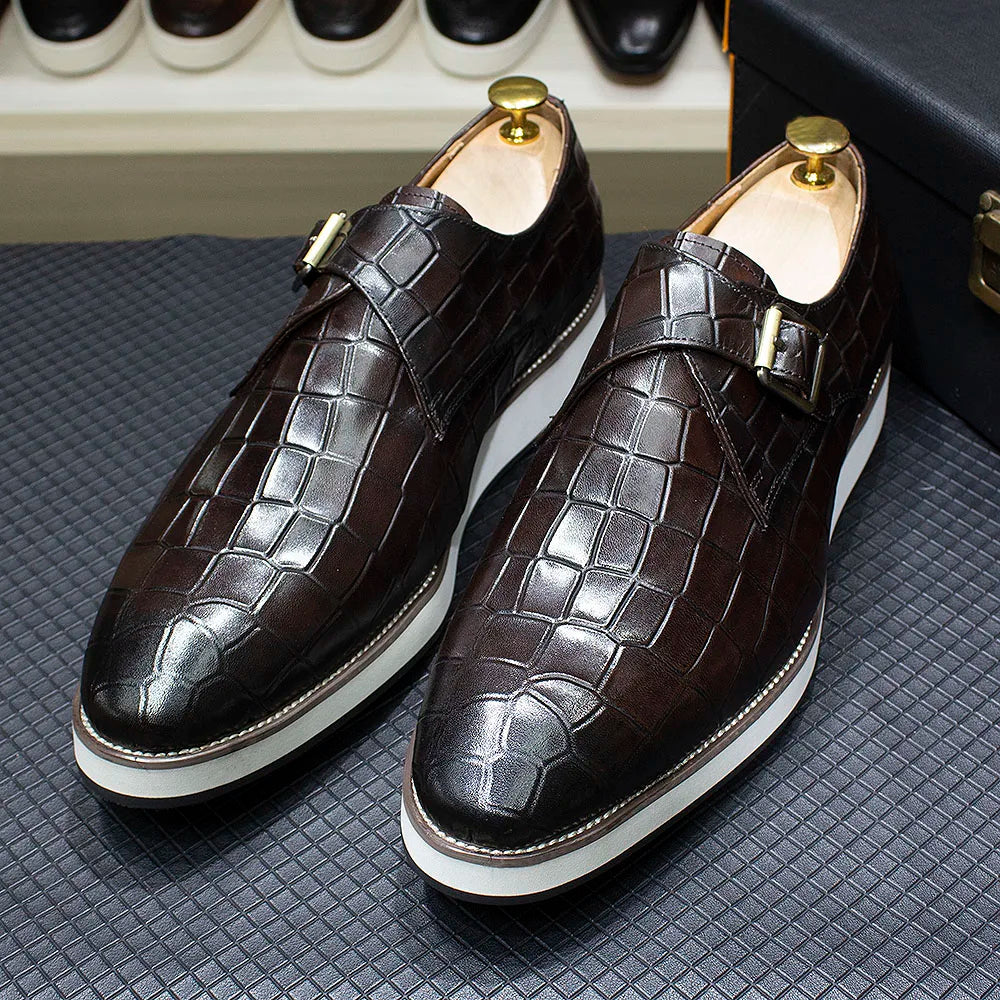 Men's Leather Casual Shoes Crocodile Pattern Luxury Brand Handmade Single Buckle Monk Strap Sneakers Flat Dress Shoes for Men