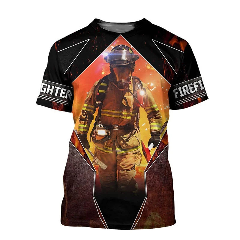 New Summer 3D Firefighter Fireman Print T Shirt Kid Fashion Streetwear Short Sleeves Harajuku Clothing Gym T-shirts For Men Tees