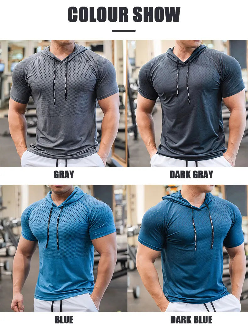 Men Running Hoodies Bodybuilding Sport Hooded Short Sleeve Gyms Fitness Clothing Muscle Shirt Quick Drying Training T-Shirt