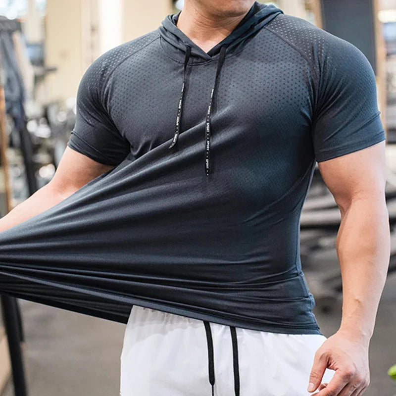Men Running Hoodies Bodybuilding Sport Hooded Short Sleeve Gyms Fitness Clothing Muscle Shirt Quick Drying Training T-Shirt
