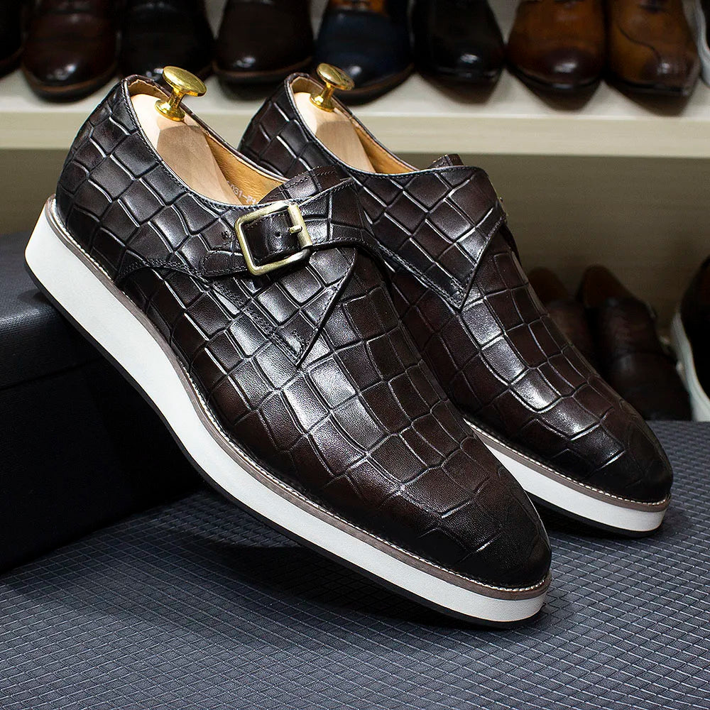 Men's Leather Casual Shoes Crocodile Pattern Luxury Brand Handmade Single Buckle Monk Strap Sneakers Flat Dress Shoes for Men