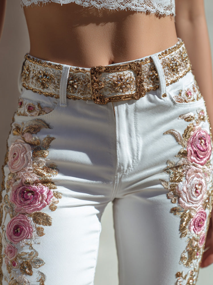 Jean femme en denim Pantalon femme avec imprimés floraux 3D colorés