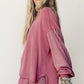 Fushia Raw Seam Patchwork Long Sleeve Top Pocket Casual Pants 2pcs Set
