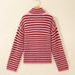 Stripe Mock Neck Drop Shoulder Zip-Up Cardigan