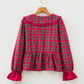 Plaid Collared Bow Tie Ruffle Long Sleeve Blouse