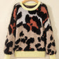 Leopard Colorblock Trim Drop Shoulder Fuzzy Sweater