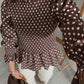 Brown Polka Dot Ruffled High Neck Shirred Ruffle Hem Blouse