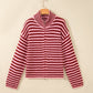 Stripe Mock Neck Drop Shoulder Zip-Up Cardigan