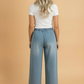 Floral Frayed Denim Raw Hem Wide Leg Jeans