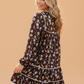Floral Shirred Tie Neck Long Sleeve Mini Dress