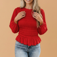 Solid Smocked Ruffle Hem Long Sleeve Blouse
