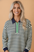 Stripe Contrast Zip Collared V-Neck Long Sleeve Top