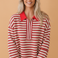 Stripe Contrast Zip Collared V-Neck Long Sleeve Top