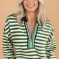 Stripe Contrast Zip Collared V-Neck Long Sleeve Top