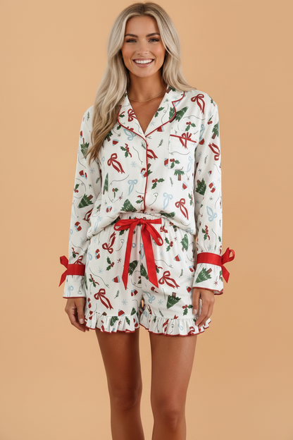 Christmas Bow Tie Ruffle Top & Short Pajama Set