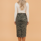 Tiger Stripe Denim Side Slit Raw Hem Midi Skirt