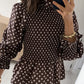 Brown Polka Dot Ruffled High Neck Shirred Ruffle Hem Blouse