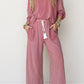 Fushia Raw Seam Patchwork Long Sleeve Top Pocket Casual Pants 2pcs Set