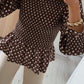Brown Polka Dot Ruffled High Neck Shirred Ruffle Hem Blouse