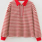 Stripe Contrast Zip Collared V-Neck Long Sleeve Top