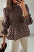 Brown Polka Dot Ruffled High Neck Shirred Ruffle Hem Blouse