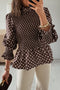 Brown Polka Dot Ruffled High Neck Shirred Ruffle Hem Blouse
