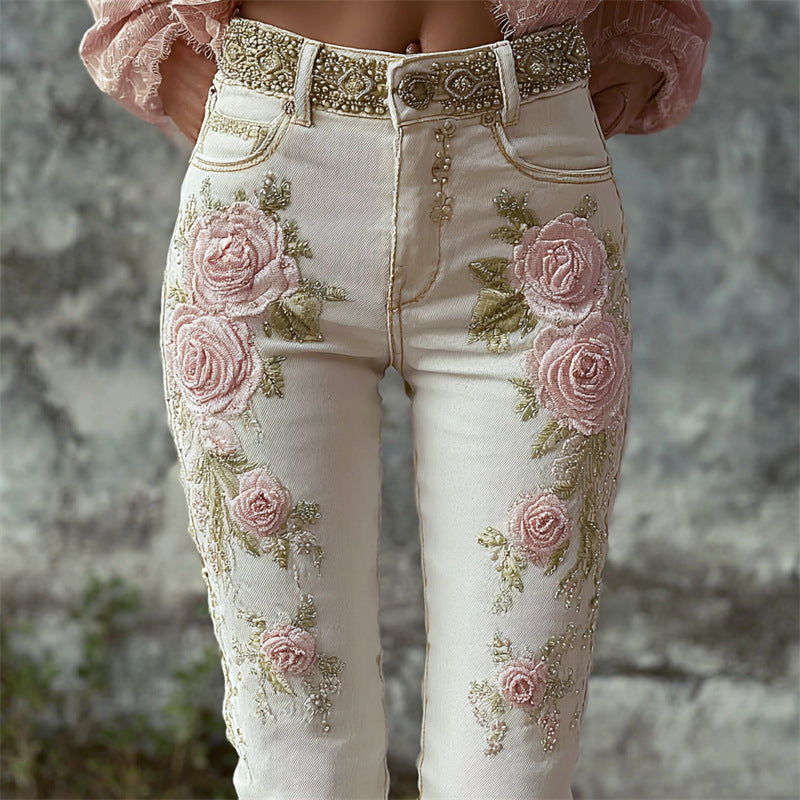 Jean femme en denim Pantalon femme avec imprimés floraux 3D colorés
