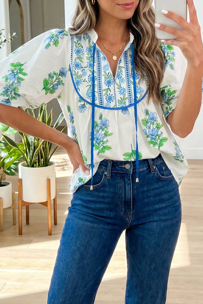 White Floral Print Contrast Trim Tie Neck Blouse