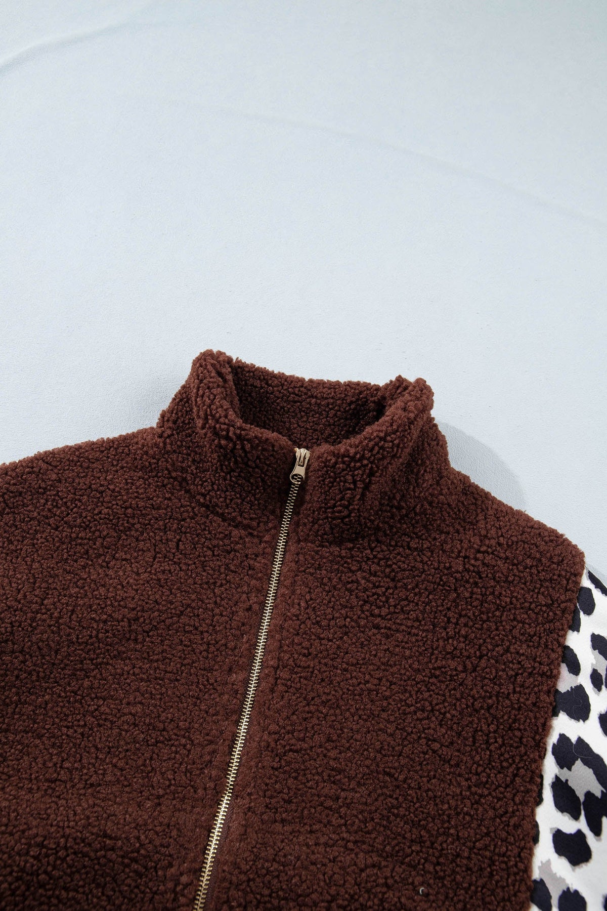 Leopard Patchwork Fleece Zip-Up Collared Jacket