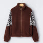 Leopard Patchwork Fleece Zip-Up Collared Jacket