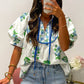 White Floral Print Contrast Trim Tie Neck Blouse