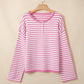 Stripe Button Placket Drop Shoulder Long Sleeve Sweater